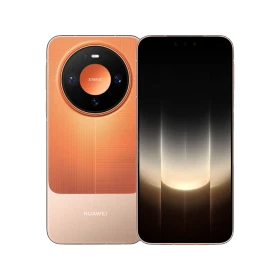 Turuncu Huawei Mate 90 Pro telefonun ön ve arka yüzü, yuvarlak kamerası ve geniş ekranıyla birlikte