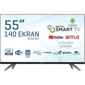 Onvo OV55F350 Ultra HD 4K LED televizyon, 55 inç ekranı ve ince çerçeveli tasarımıyla önden görünüm