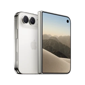 Apple iPhone Duo beyaz telefonun ön ve arka yüzü, çift kamera ve dağ manzaralı ekranıyla sergileniyor
