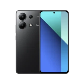 Xiaomi Redmi Note 13 siyah akıllı telefon, ön ekran ve arka kamera modülü görünümüyle vitrin çekimi