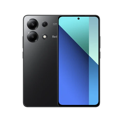 Xiaomi Redmi Note 13 siyah akıllı telefon, ön ekran ve arka kamera modülü görünümüyle vitrin çekimi