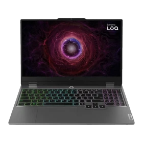 Lenovo LOQ 15ARP9 83JC00H4TRA72 gri oyuncu laptop, açık ekran ve RGB aydınlatmalı klavye ile önden görünüm