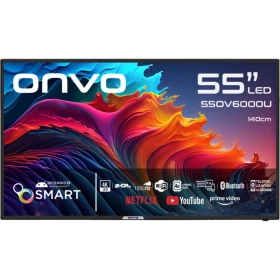 Onvo 55OV6000U Ultra HD 4K LED televizyon, renkli ekran görüntüsü ve akıllı TV özellikleriyle önden görünüm