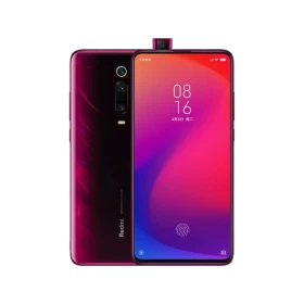 Kırmızı Xiaomi 9T akıllı telefonun ön ve arka yüzü, açılır ön kamera ve üçlü arka kamerayla birlikte