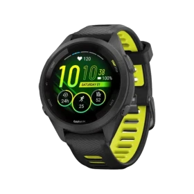 Garmin Forerunner 265S siyah akıllı saat, yeşil detaylı kayış ve renkli ekranıyla üç çeyrek görünüm