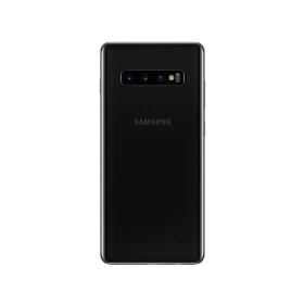 Samsung Galaxy S10 Plus siyah akıllı telefonun arka yüzü, yatay üçlü kamera ve flaş detayıyla görünüm