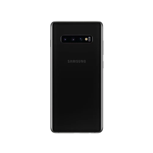 Samsung Galaxy S10 Plus siyah akıllı telefonun arka yüzü, yatay üçlü kamera ve flaş detayıyla görünüm