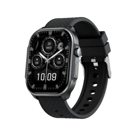 Tecno Watch 3 Active siyah akıllı saat, dikdörtgen ekranı ve silikon kayışıyla önden görünür halde