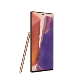 Bakır renk Samsung Galaxy Note 20 akıllı telefon, önden ekran görünümü ve yanında S Pen kalemiyle