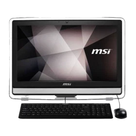MSI PRO 22E 7M-049XTR masaüstü bilgisayar, beyaz çerçeveli ekranı ve siyah klavye-mouse setiyle