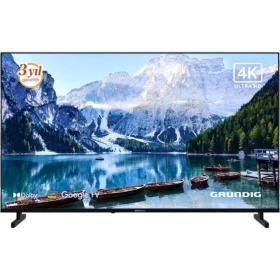 Grundig 55 GKU 700 Ultra HD 4K LED televizyon, siyah çerçeveli ve dağ gölü manzarası gösteren ekran