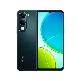 Vivo Y04 yeşil akıllı telefon, ön ekran ve arka çift kamera tasarımını gösteren vitrin çekimi