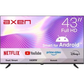 Axen AX43FPRL Full HD LED televizyon, siyah çerçeveli 43 inç ekran ve Android TV özellikleriyle
