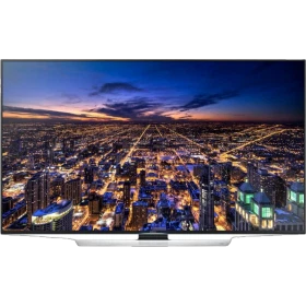 Samsung 85HU7590 Ultra HD 4K TV siyah çerçeveli ekranda şehir manzarası gösteren vitrin televizyonu