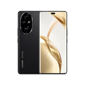 Honor 200 Pro siyah akıllı telefon, ön ekran ve arka kamera modülüyle vitrin görünümü