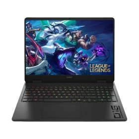 HP OMEN Gaming 16-ap0023nt siyah oyuncu laptop, League of Legends temalı ekran görüntüsüyle önden görünüyor