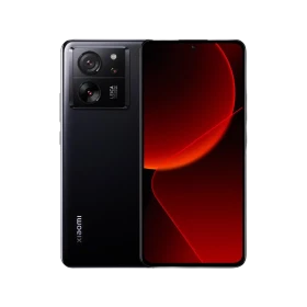 Siyah Xiaomi 13T akıllı telefon, ön ekran ve arka kamera modülüyle önden-arkadan vitrin görünümü