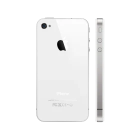 Beyaz Apple iPhone 4S akıllı telefonun arka yüzü ve yan profili, kamera ve ses tuşları görünür
