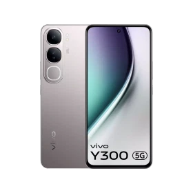 Vivo Y300 5G gümüş akıllı telefon, ön ekran ve arka kamera modülüyle vitrin görünümü