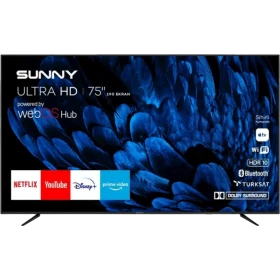 Sunny SN75LEDB252 Ultra HD 4K TV, 75 inç siyah ekran ve ince çerçeveli ön görünüm