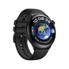 Huawei Watch 4 siyah akıllı saat, dünya haritalı yuvarlak ekranı ve silikon kordonuyla önden görünür