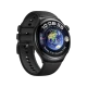 Huawei Watch 4 siyah akıllı saat, dünya haritalı yuvarlak ekranı ve silikon kordonuyla önden görünür
