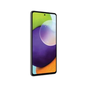 Samsung Galaxy A52 siyah akıllı telefon, önden görünüm, ince çerçeveli ekran ve delikli ön kamera