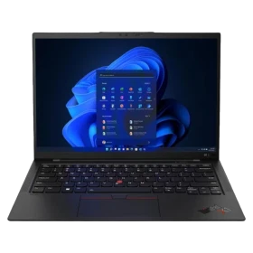 Lenovo ThinkPad X1 Carbon 10 21CB001GTX siyah ultrabook, açık ekranlı önden görünüm laptop