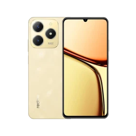 Realme C61 altın akıllı telefon, ön ekran ve arka kamera modülüyle önden ve arkadan görünüm