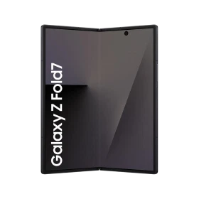 Samsung Galaxy Z Fold7 siyah katlanabilir akıllı telefon, açık konumda geniş iç ekran ve ön kamera detayı