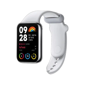 Xiaomi Smart Band 8 Pro beyaz akıllı bileklik, renkli ekranı ve silikon kayışıyla önden ve arkadan gösteriliyor