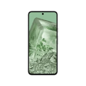Google Pixel 8 siyah akıllı telefon, yeşil kristal desenli ekranıyla önden görünür.