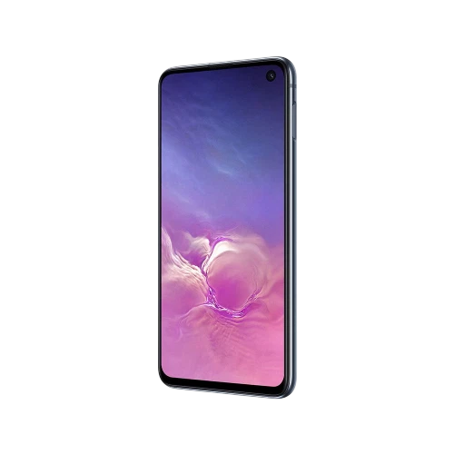 Samsung Galaxy S10e siyah akıllı telefon, tam ekran tasarım ve ön kamera deliğiyle önden görünüm