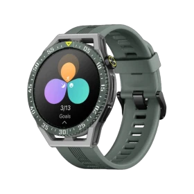 Huawei Watch GT 3 SE yeşil akıllı saat, yuvarlak ekranı ve silikon kayışıyla önden görünür