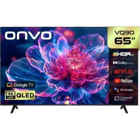 Onvo 65VQ90F3UA Ultra HD 4K LED televizyon, renkli çiçek ekranı ve siyah çerçevesiyle önden görünüm