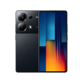 Siyah Poco M6 Pro akıllı telefon, ön ekranı açık ve arka yüzeyindeki çift kamera tasarımıyla vitrin görünümü