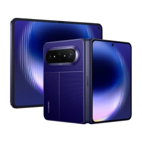 Mavi Huawei Pura X Max akıllı telefon, katlanabilir tasarım ve geniş ekranıyla önden ve arkadan görünüm