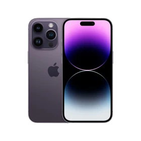 Mor Apple iPhone 14 Pro akıllı telefon, arka üçlü kamera ve ön ekran görünümüyle vitrin çekimi