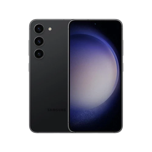 Samsung Galaxy S23 siyah akıllı telefonun vitrin görüntüsü, önden ekran ve arkadan üçlü kamera tasarımı