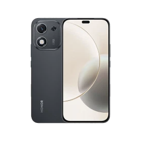 Honor X70i siyah akıllı telefon, ön ekran ve arka kamera modülüyle vitrin çekimi