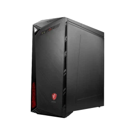 MSI Infinite X Plus 9SD-601EU siyah masaüstü bilgisayar kasası, açılı ön paneli ve kırmızı MSI logosuyla