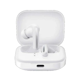 Xiaomi Redmi Buds 5 Tam Kablosuz beyaz kulaklık, açık şarj kutusu içinde yerleştirilmiş halde