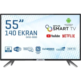 Onvo OV55-9000 Ultra HD 4K LED televizyonun önden görünümü, geniş ekran ve ayaklı tasarım