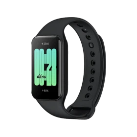 Xiaomi Redmi Smart Band 2 siyah akıllı bileklik, dijital ekranı ve delikli ayarlanabilir kayışıyla görünür