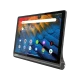 Lenovo Yoga Smart Tab gri tablet; ön panelde uygulama ekranı ve multimedya kısayolları görünüyor