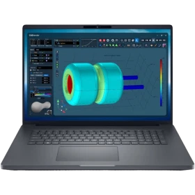 Dell Pro Max 18 Plus MB18250274H23 siyah iş ve ofis laptopu; 3D tasarım ekranı açık şekilde.