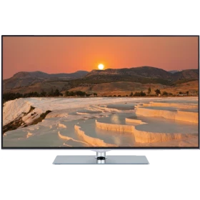 Vestel 43FB8500 Full HD LED televizyon, gün batımı manzaralı ekranı ve siyah çerçevesiyle gümüş ayaklı model