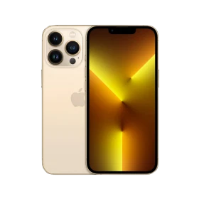Apple iPhone 13 Pro Max altın akıllı telefon, ön ekran ve üçlü arka kamera tasarımıyla vitrin görünümü