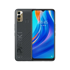 Tecno Spark 7 T siyah akıllı telefon, ön ekran ve arka çift kamera tasarımıyla vitrinde gösterim
