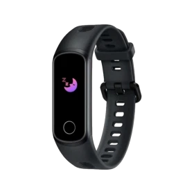 Honor Band 5i siyah akıllı bileklik, uyku simgeli ekranı ve ayarlanabilir kordonuyla önden görünüm